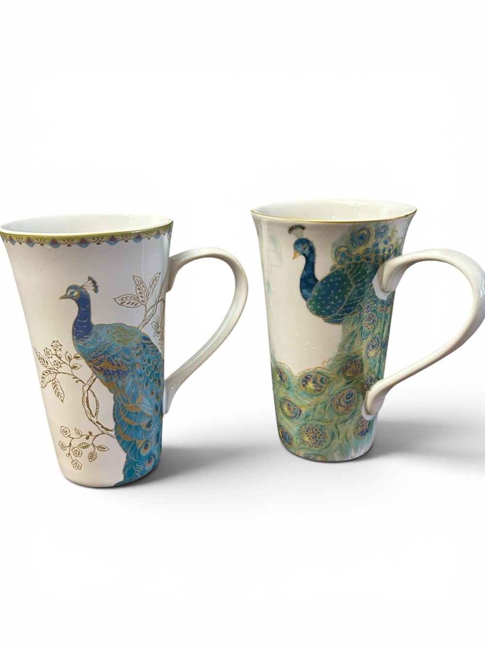 222 Fifth Latte Mugs 16 oz Peacock Garden Design White Fine Porcelain Set of 2